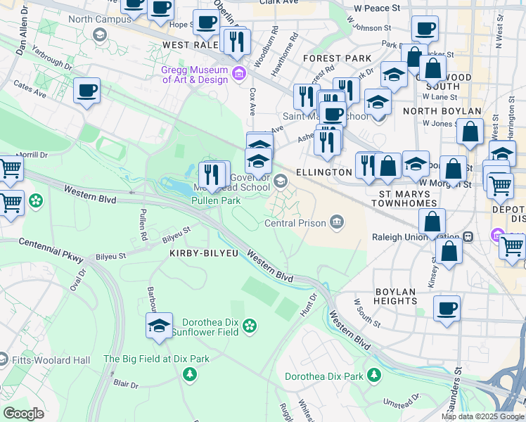 map of restaurants, bars, coffee shops, grocery stores, and more near 301 Ashe Avenue in Raleigh