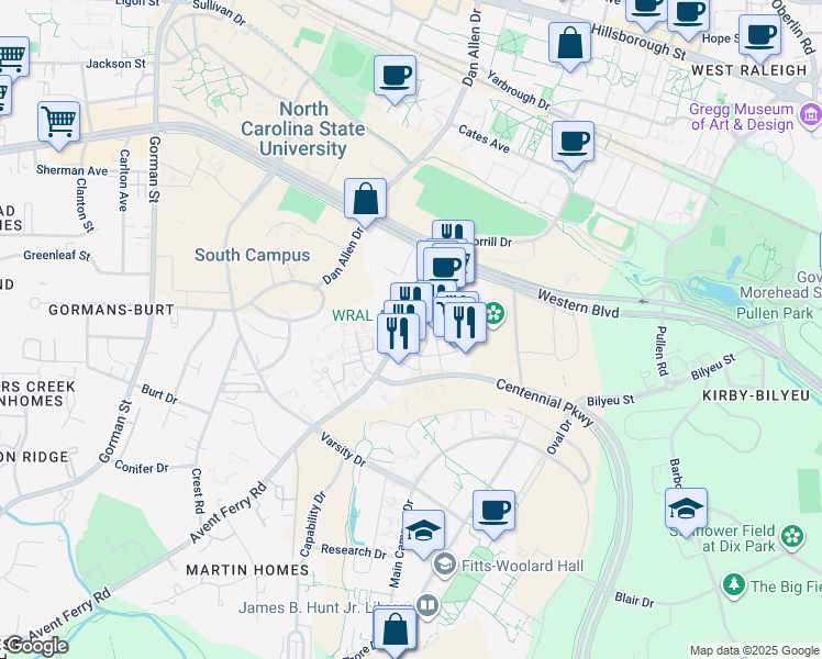 map of restaurants, bars, coffee shops, grocery stores, and more near 2231 Avent Ferry Road in Raleigh