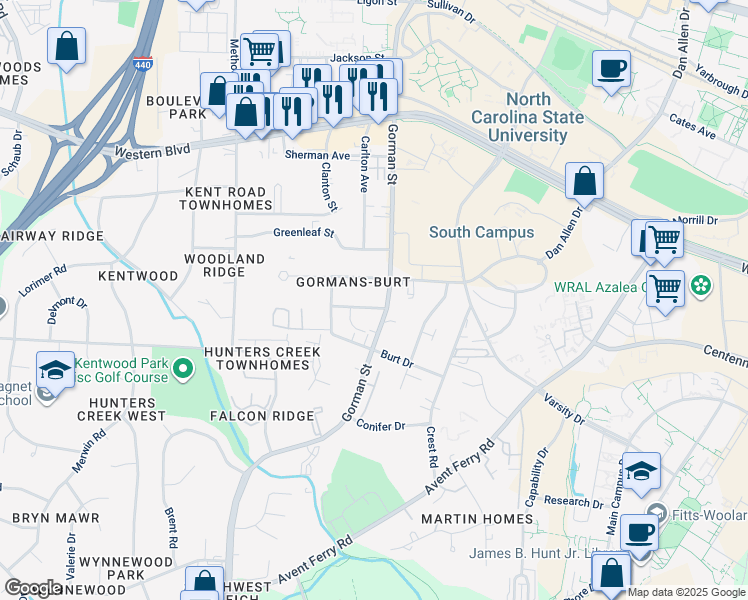 map of restaurants, bars, coffee shops, grocery stores, and more near 3805 Kelford Street in Raleigh