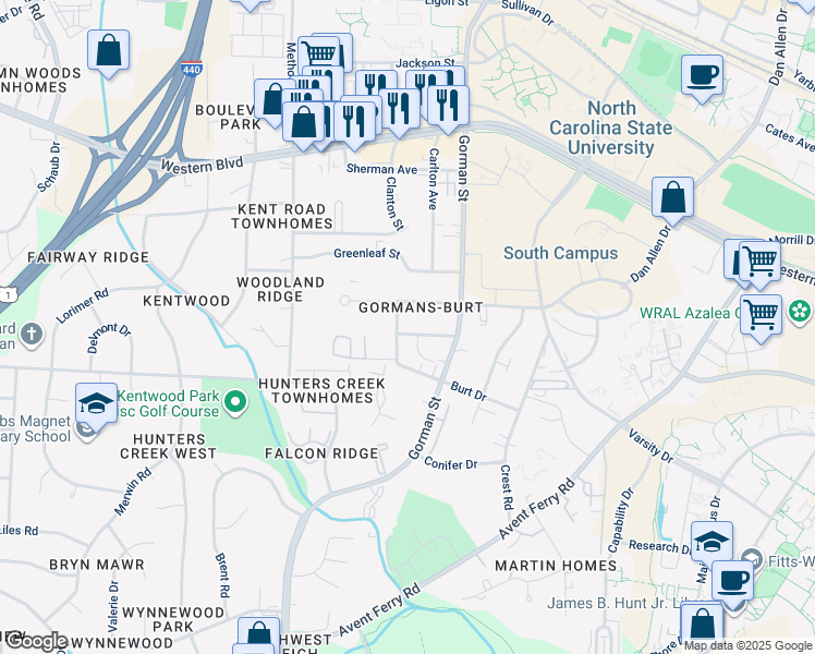 map of restaurants, bars, coffee shops, grocery stores, and more near 3833 Kelford Street in Raleigh