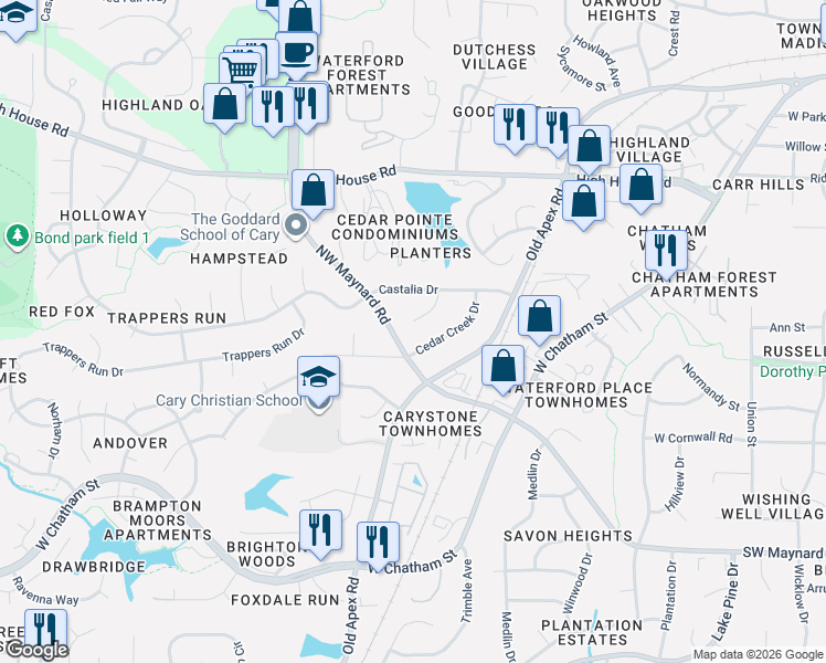 map of restaurants, bars, coffee shops, grocery stores, and more near 1230 Cedar Creek Drive in Cary