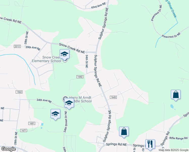 map of restaurants, bars, coffee shops, grocery stores, and more near 3561 Sulphur Springs Road Northeast in Hickory