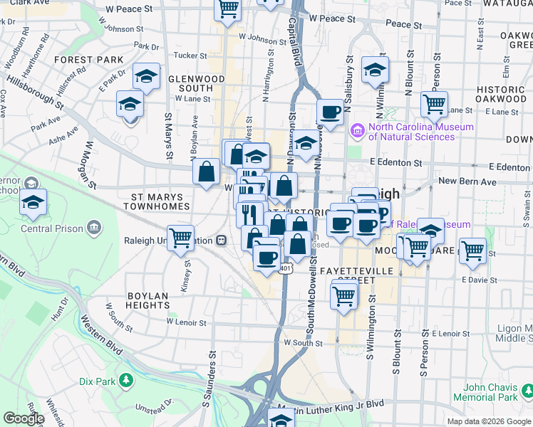 map of restaurants, bars, coffee shops, grocery stores, and more near 213 South Harrington Street in Raleigh