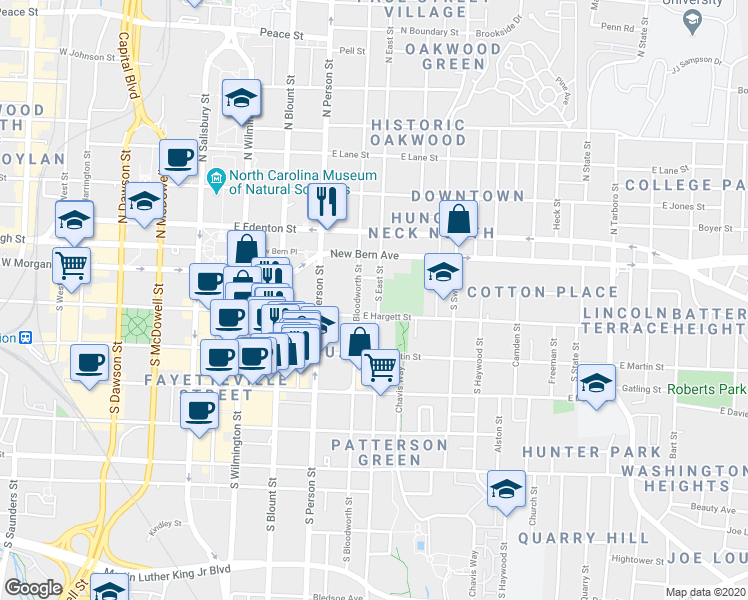 map of restaurants, bars, coffee shops, grocery stores, and more near 118 South East Street in Raleigh