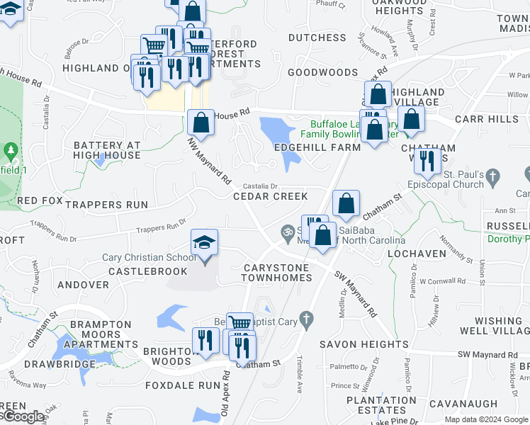 map of restaurants, bars, coffee shops, grocery stores, and more near 1221 Roundtree Court in Cary
