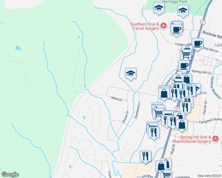 map of restaurants, bars, coffee shops, grocery stores, and more near 1737 Wilkes Lane in Spring Hill