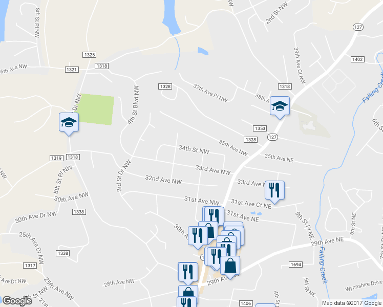 map of restaurants, bars, coffee shops, grocery stores, and more near 137 34th Avenue NW in Hickory