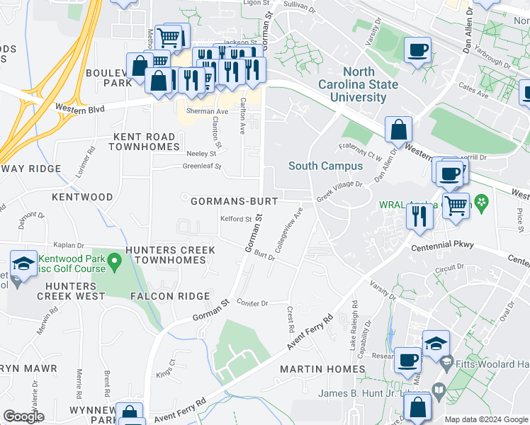 map of restaurants, bars, coffee shops, grocery stores, and more near 1415 Gorman Street in Raleigh
