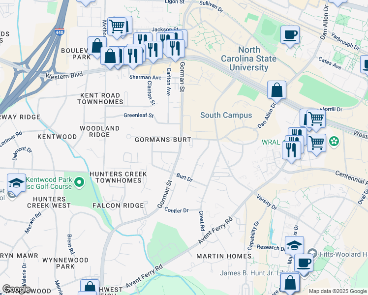 map of restaurants, bars, coffee shops, grocery stores, and more near 1411 Gorman Street in Raleigh