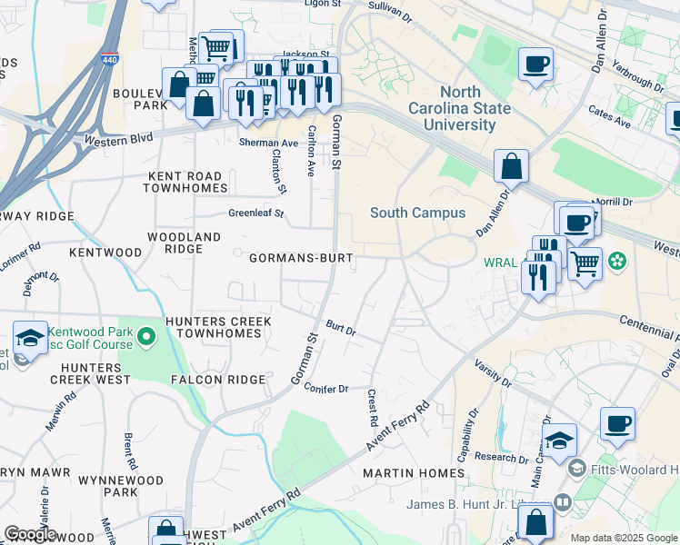 map of restaurants, bars, coffee shops, grocery stores, and more near 1419 Gorman Street in Raleigh