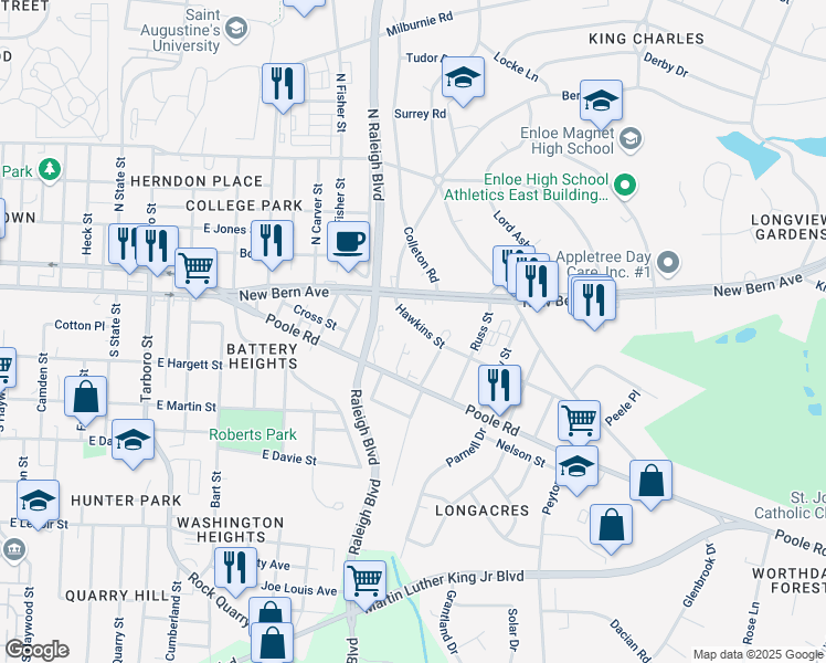 map of restaurants, bars, coffee shops, grocery stores, and more near 1819 Poole Road in Raleigh