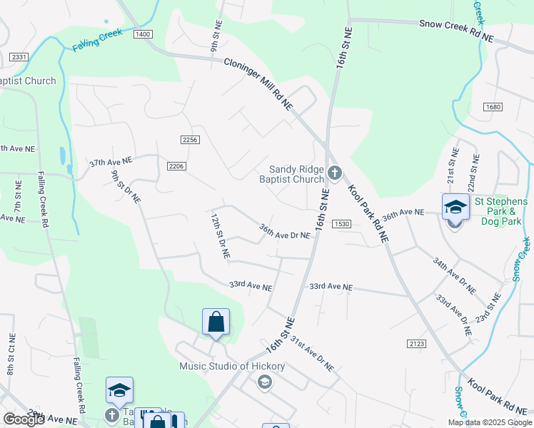 map of restaurants, bars, coffee shops, grocery stores, and more near 3621 14th Street Northeast in Hickory