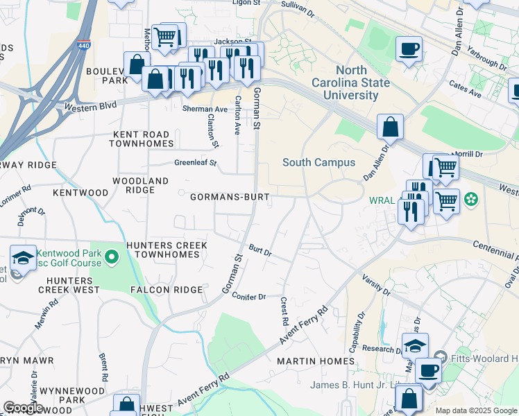 map of restaurants, bars, coffee shops, grocery stores, and more near 1413 Gorman Street in Raleigh
