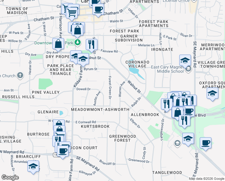 map of restaurants, bars, coffee shops, grocery stores, and more near 718 Warren Avenue in Cary