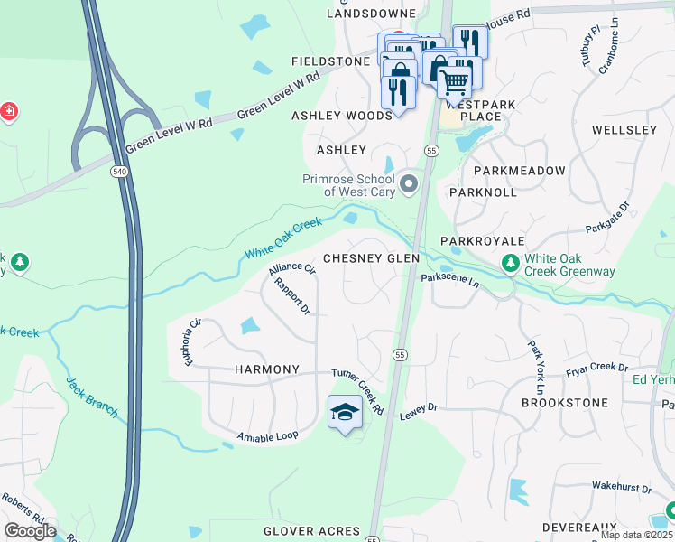 map of restaurants, bars, coffee shops, grocery stores, and more near 401 Catlin Road in Cary