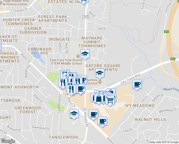 map of restaurants, bars, coffee shops, grocery stores, and more near 936 Southeast Maynard Road in Cary