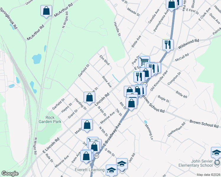 map of restaurants, bars, coffee shops, grocery stores, and more near 313 Lincoln Road in Maryville