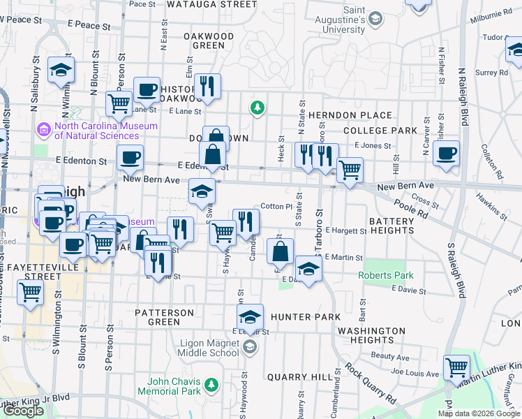 map of restaurants, bars, coffee shops, grocery stores, and more near 819 East Hargett Street in Raleigh
