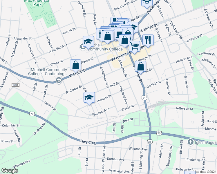 map of restaurants, bars, coffee shops, grocery stores, and more near 398 West Bell Street in Statesville