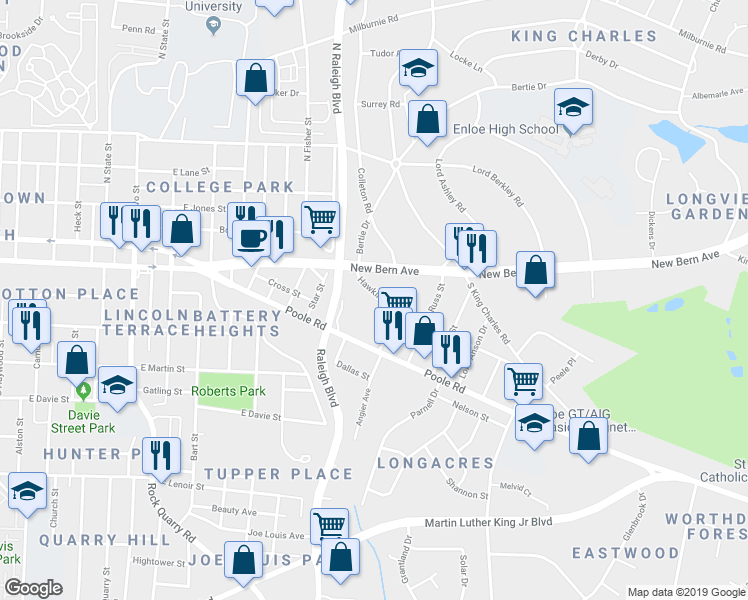 map of restaurants, bars, coffee shops, grocery stores, and more near 1819 Poole Road in Raleigh