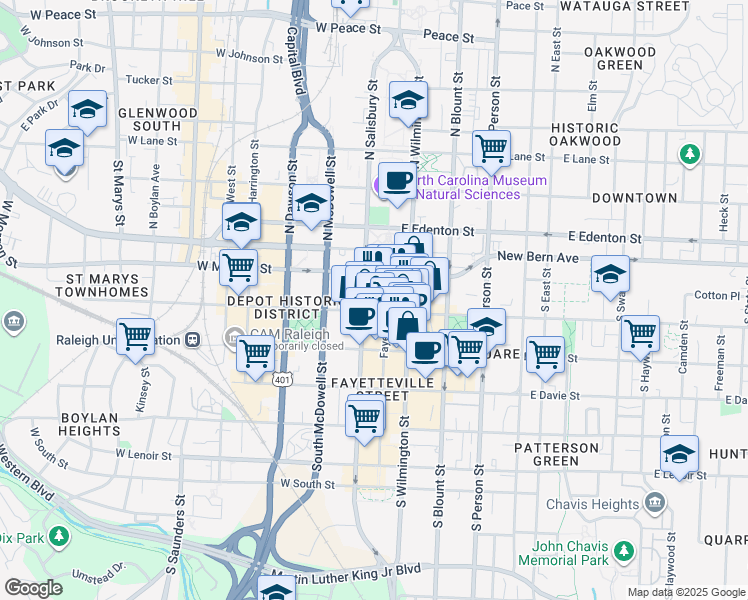 map of restaurants, bars, coffee shops, grocery stores, and more near 207 Fayetteville Street in Raleigh