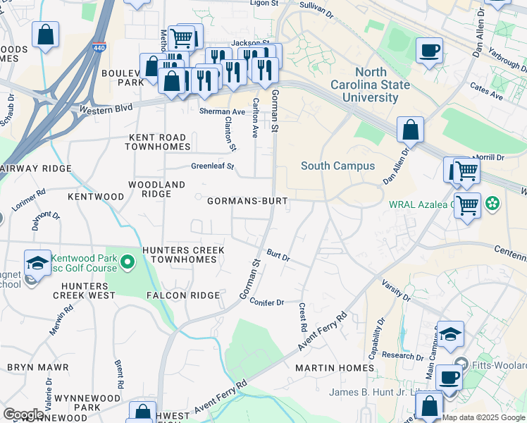 map of restaurants, bars, coffee shops, grocery stores, and more near 3805 Kelford Street in Raleigh