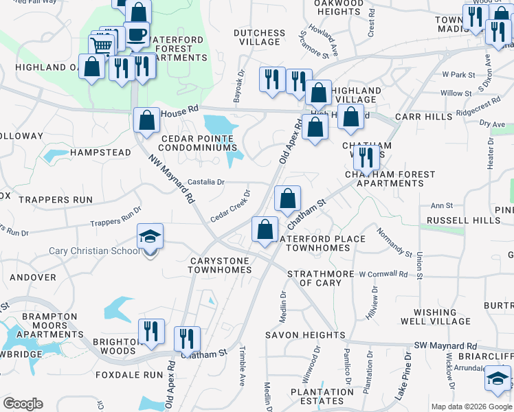 map of restaurants, bars, coffee shops, grocery stores, and more near 1216 Old Apex Road in Cary