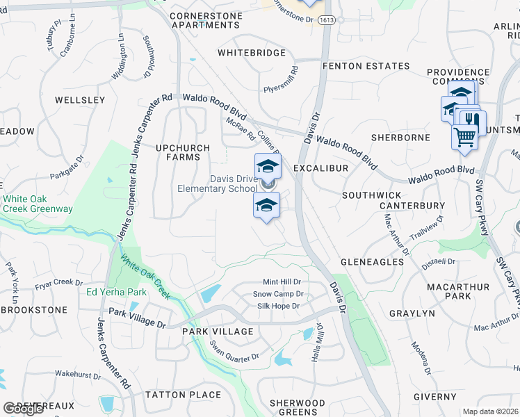 map of restaurants, bars, coffee shops, grocery stores, and more near 2101 Davis Drive in Cary