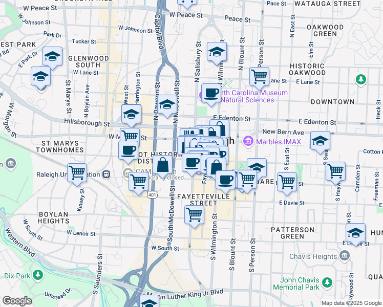 map of restaurants, bars, coffee shops, grocery stores, and more near 107 West Hargett Street in Raleigh
