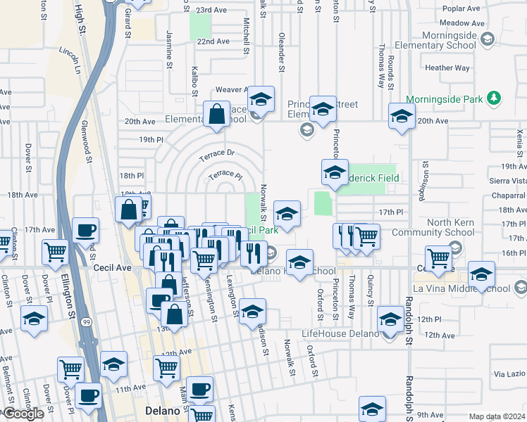 map of restaurants, bars, coffee shops, grocery stores, and more near Norwalk Street in Delano