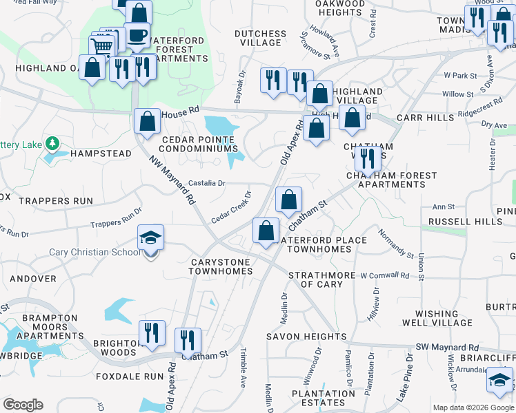 map of restaurants, bars, coffee shops, grocery stores, and more near 1216 Old Apex Road in Cary