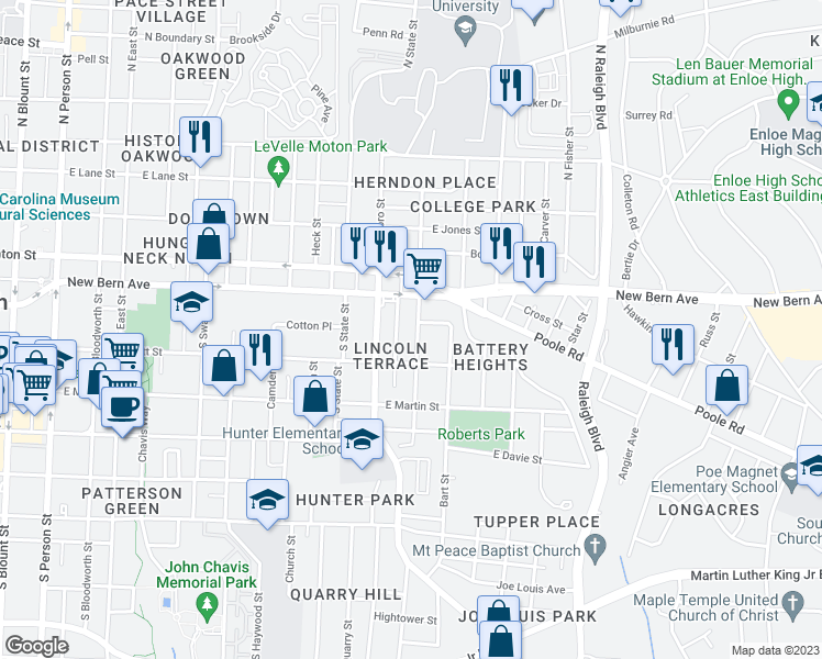 map of restaurants, bars, coffee shops, grocery stores, and more near 114 South Pettigrew Street in Raleigh