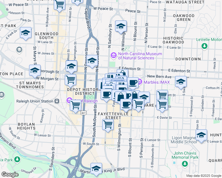 map of restaurants, bars, coffee shops, grocery stores, and more near 150 Fayetteville Street in Raleigh
