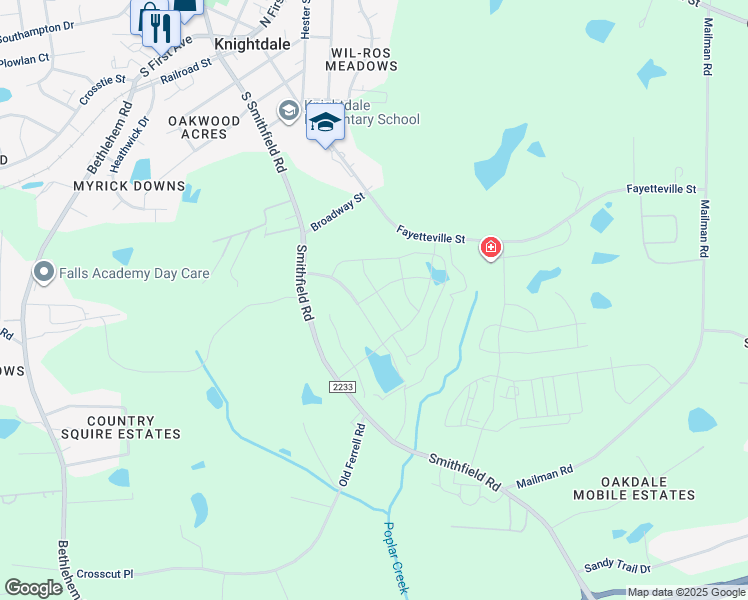 map of restaurants, bars, coffee shops, grocery stores, and more near 333 Spruce Pine Trail in Knightdale