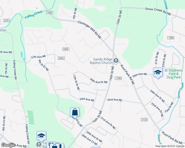 map of restaurants, bars, coffee shops, grocery stores, and more near 3621 14th Street Northeast in Hickory