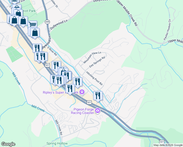 map of restaurants, bars, coffee shops, grocery stores, and more near 414 Stirrup Lane in Pigeon Forge