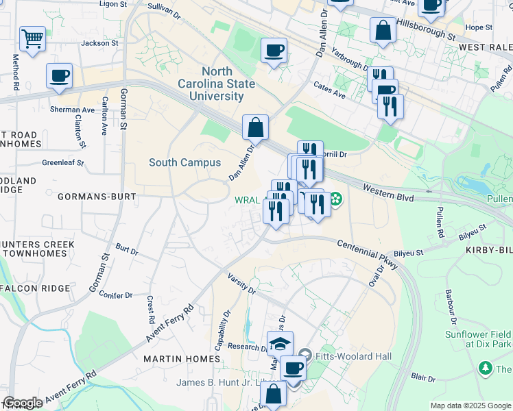map of restaurants, bars, coffee shops, grocery stores, and more near 2352 Champion Court in Raleigh