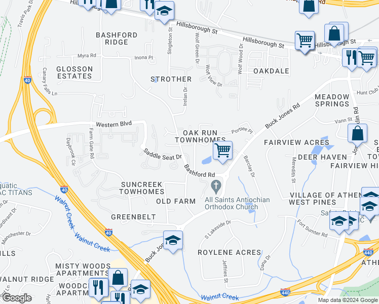 map of restaurants, bars, coffee shops, grocery stores, and more near 631 Bashford Road in Raleigh