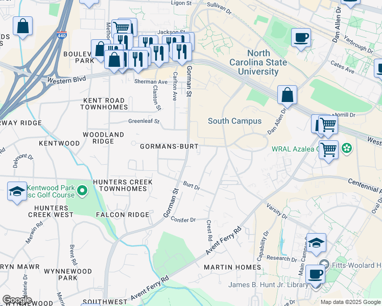 map of restaurants, bars, coffee shops, grocery stores, and more near 3615 Marcom Street in Raleigh