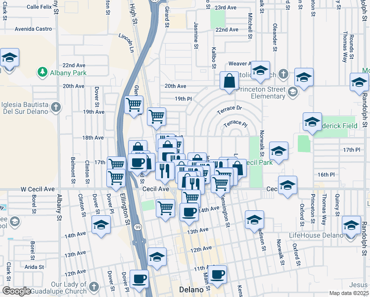 map of restaurants, bars, coffee shops, grocery stores, and more near 1730 Inyo Street in Delano