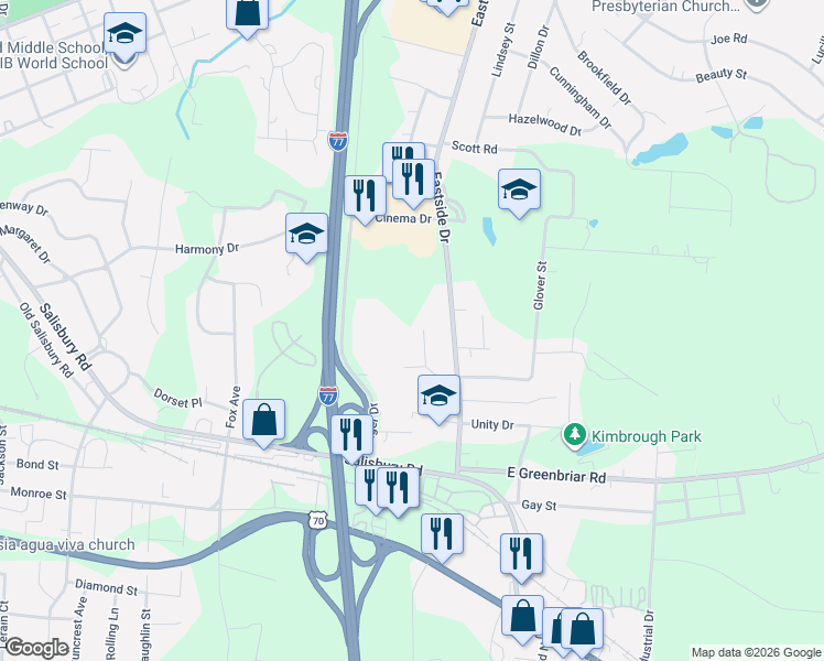 map of restaurants, bars, coffee shops, grocery stores, and more near 780 Eastside Drive in Statesville