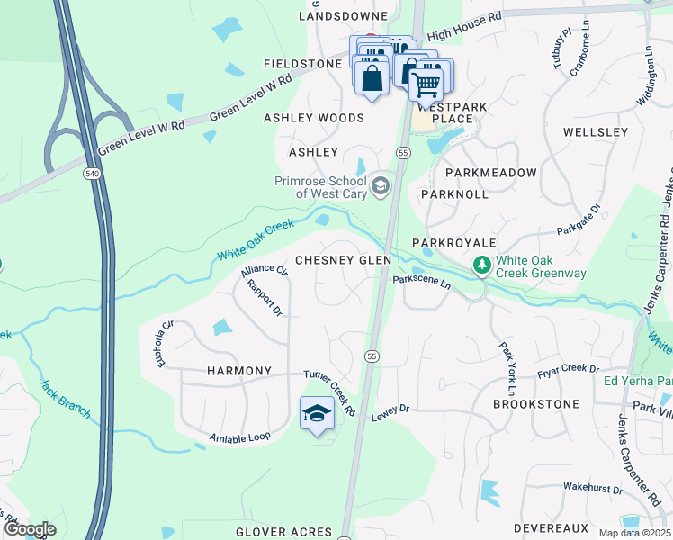 map of restaurants, bars, coffee shops, grocery stores, and more near 109 Branchway Road in Cary