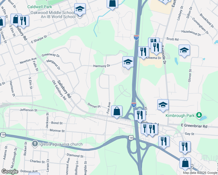 map of restaurants, bars, coffee shops, grocery stores, and more near 1056 Fox Street in Statesville