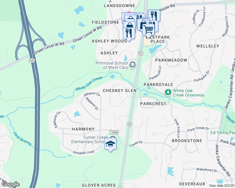map of restaurants, bars, coffee shops, grocery stores, and more near 109 Branchway Road in Cary