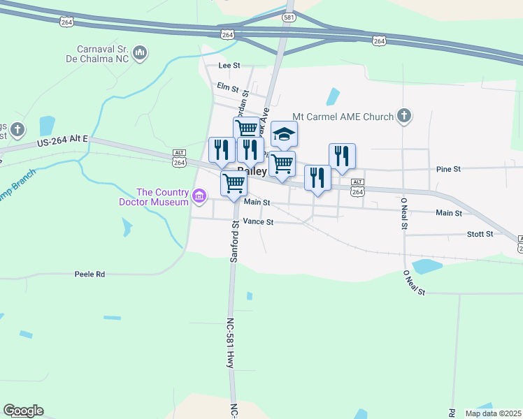map of restaurants, bars, coffee shops, grocery stores, and more near Hanover Street in Bailey