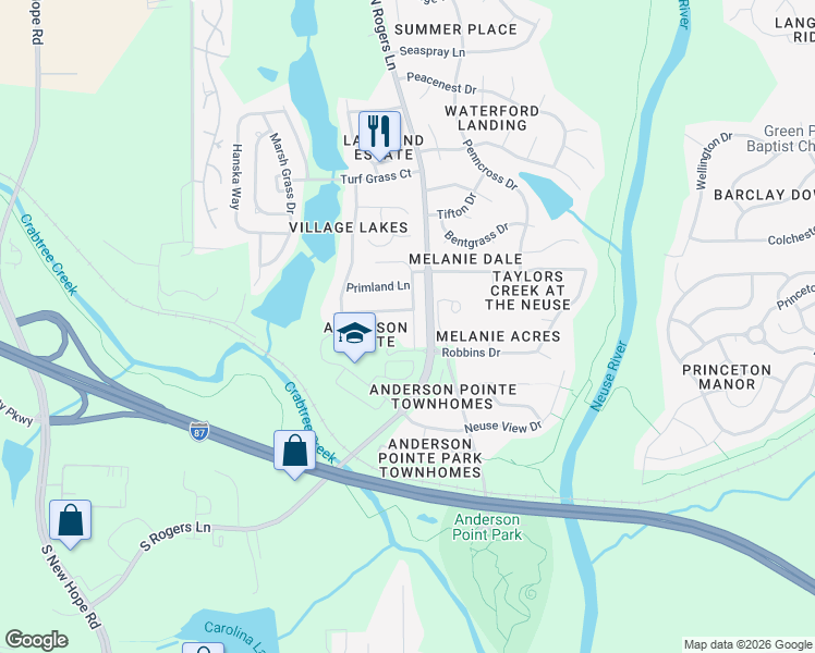 map of restaurants, bars, coffee shops, grocery stores, and more near 5173 Busted Rock Trail in Raleigh