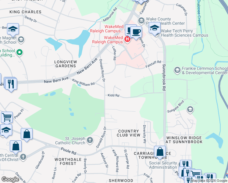 map of restaurants, bars, coffee shops, grocery stores, and more near 225 Donald Ross Drive in Raleigh