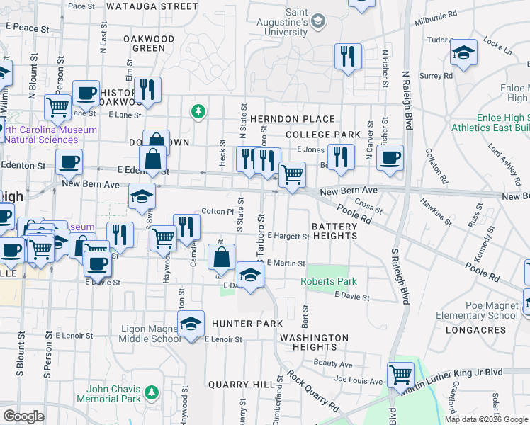 map of restaurants, bars, coffee shops, grocery stores, and more near in Raleigh