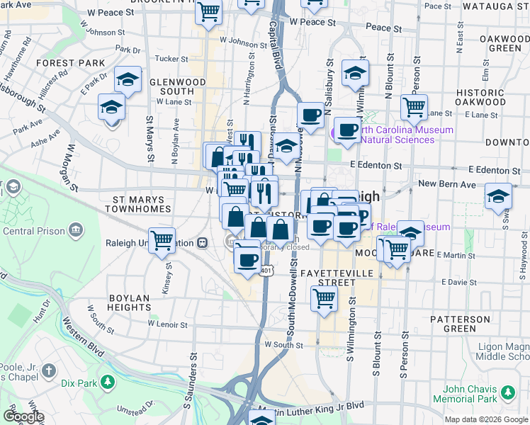 map of restaurants, bars, coffee shops, grocery stores, and more near 100 South Dawson Street in Raleigh