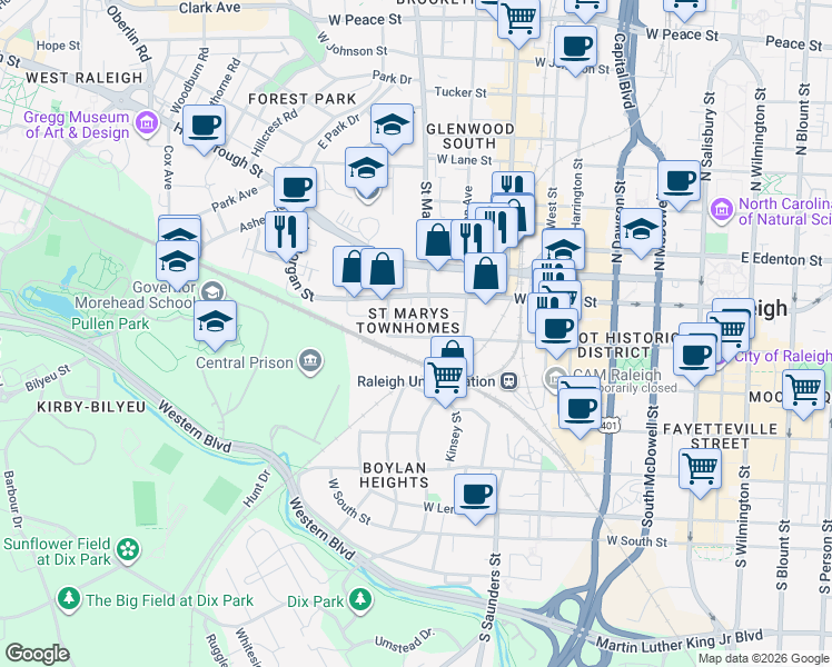 map of restaurants, bars, coffee shops, grocery stores, and more near in Raleigh